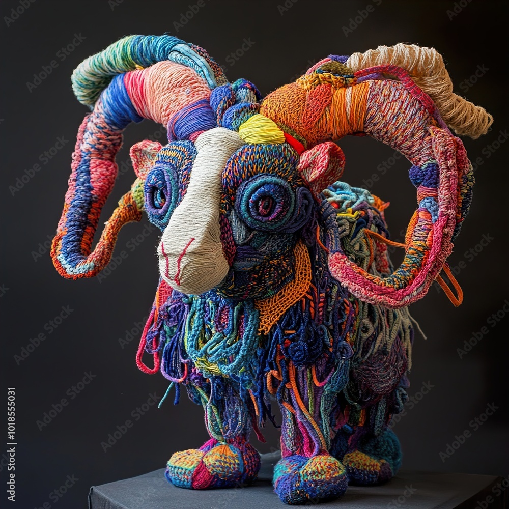 Obraz premium Colorful Yarn Sculpture of a Ram