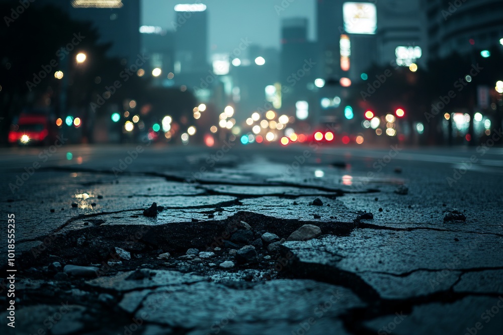 Urban Cracks at Dusk in Downtown Seoul. AI generated illustration Urban Cracks at Dusk in Downtown Seoul. AI generated illustration