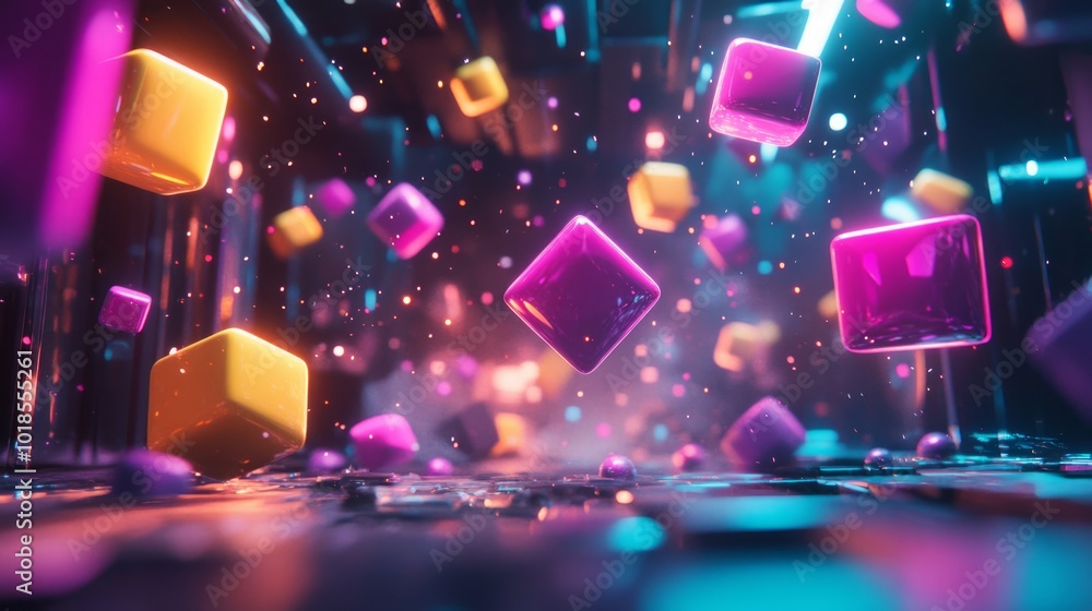 Abstract scene with colorful floating cubes in a digital environment. Abstract scene with colorful floating cubes in a digital environment.