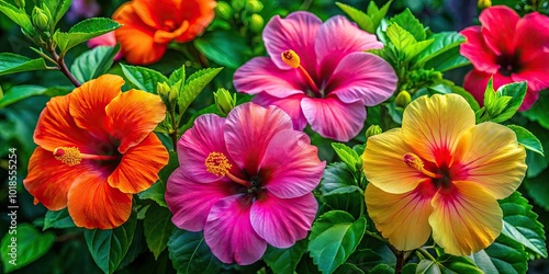 Wallpaper Mural Brilliant hibiscus blooms emerge against a dense green landscape, ideal for a nature photography collection. This striking contrast showcases the essence of natural beauty. Torontodigital.ca