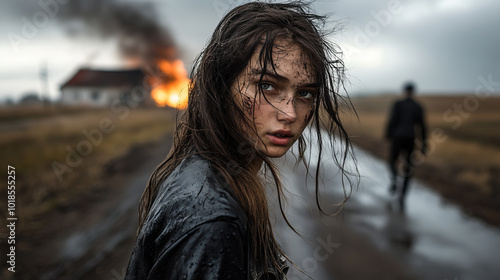 The background with smoke and fire contrasts with the fragility of the girl, creating an image that reflects the struggle and inner strength, despite the difficulties.