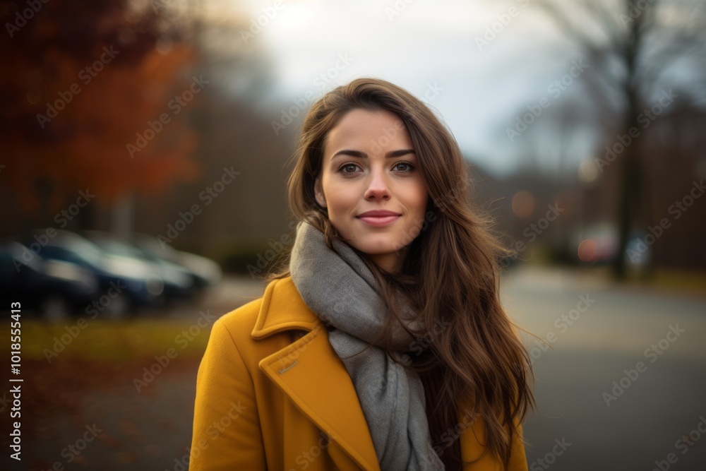 Portrait of a beautiful young woman in a yellow coat on the background of the autumn city. Portrait of a beautiful young woman in a yellow coat on the background of the autumn city.