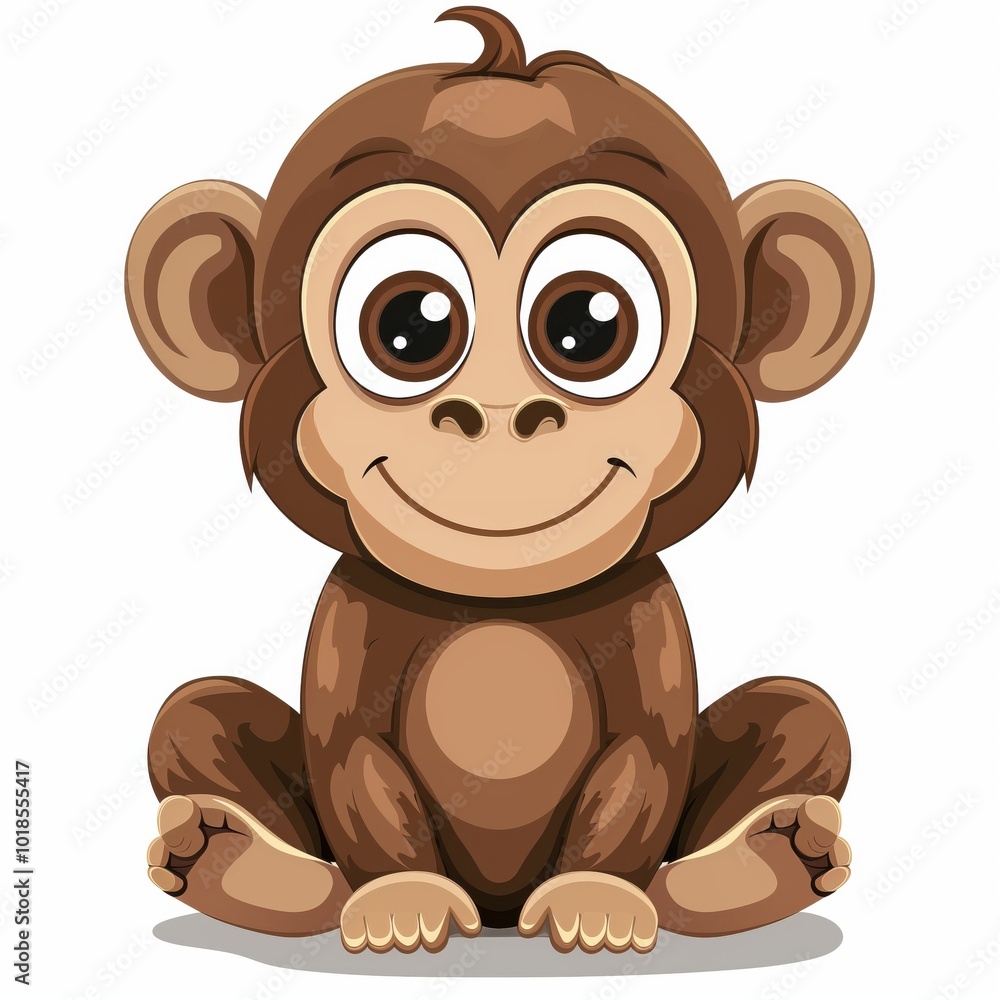 Obraz premium A cute cartoon monkey with large eyes is sitting happily, displaying a friendly and cheerful demeanor on white.
