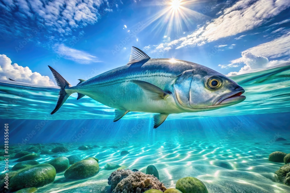 Naklejka premium Captivating Bluefish Swimming Gracefully in Clear Ocean Waters Under Bright Sunny Skies