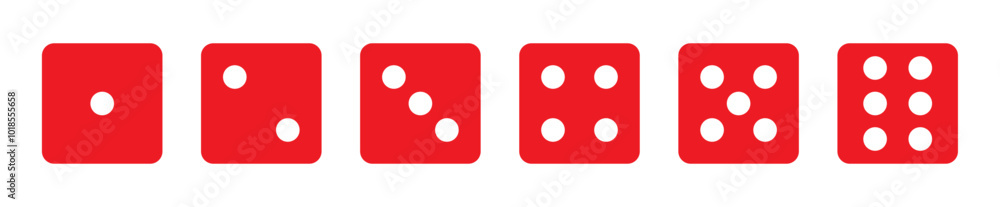 Casino dice set in red and white color, dice collection. Vector icons. Game dice set. One to six. Traditional game dice marked with different numbers of dots. Vector illustration Casino dice set in red and white color, dice collection. Vector icons. Game dice set. One to six. Traditional game dice marked with different numbers of dots. Vector illustration