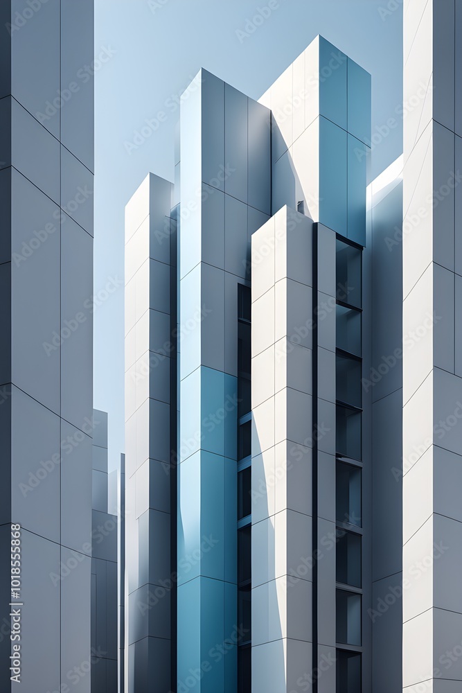 minimalist architectural composition of modern buildings, with clean angles, rendered in geometric forms and soft hues of grey, cream, and light blue minimalist architectural composition of modern buildings, with clean angles, rendered in geometric forms and soft hues of grey, cream, and light blue