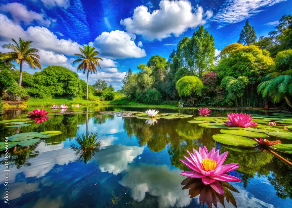Nestled within lush greenery, a serene lily pond shelter captures nature's elegance, providing a tranquil retreat where beauty and tranquility harmoniously reflect. Nestled within lush greenery, a serene lily pond shelter captures nature's elegance, providing a tranquil retreat where beauty and tranquility harmoniously reflect.