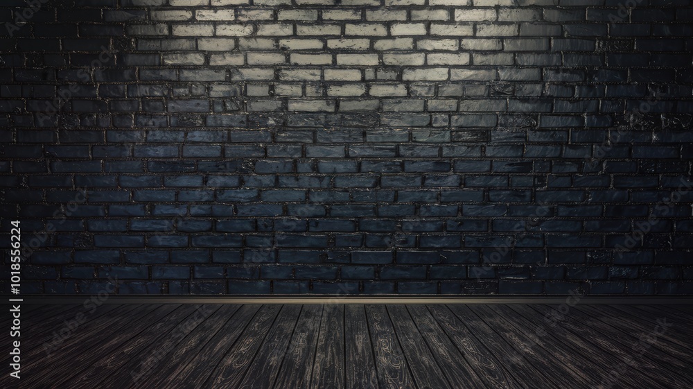 Dark brick wall interior with wooden floor and subtle lighting. Dark brick wall interior with wooden floor and subtle lighting.