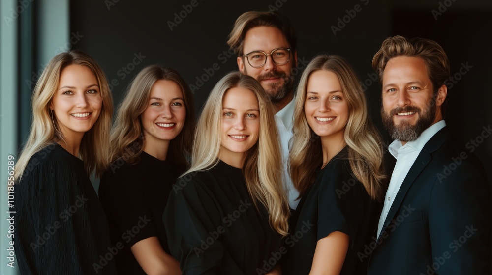 Obraz premium Team of smiling professionals in modern attire. Leadership support and wellbeing concept in workplace culture.