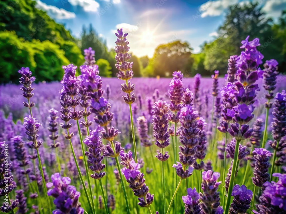 Obraz premium On a sunlit day, vibrant lavender flowers flourish, surrounded by verdant foliage, enchanting the senses with their beauty and evoking a sense of tranquility.