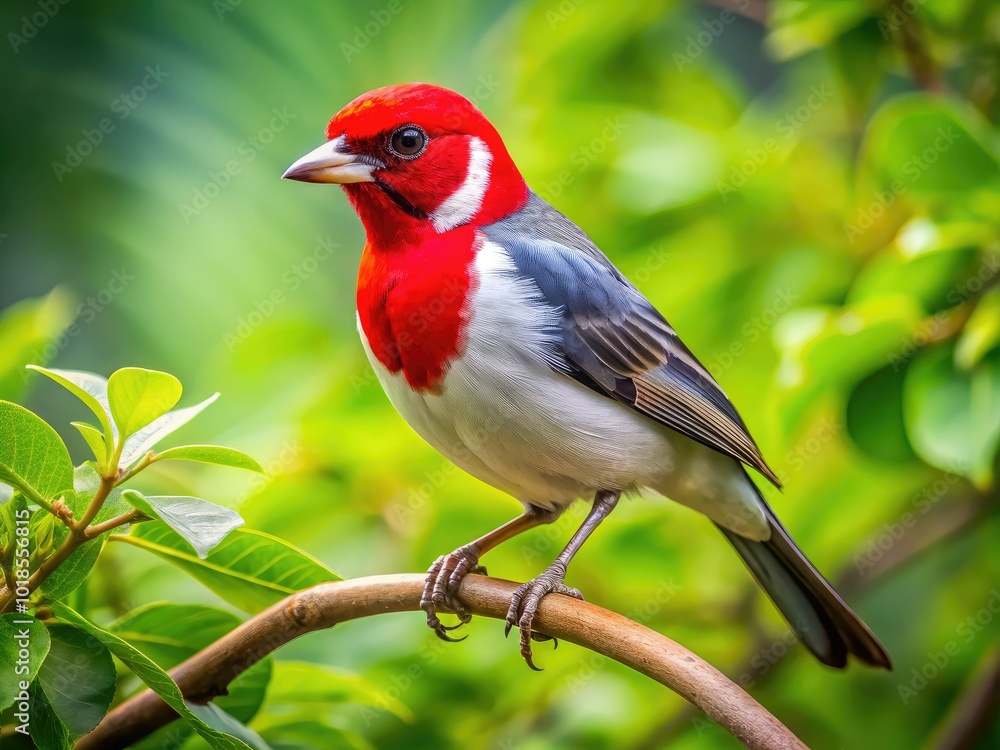 Perched on a branch, a vibrant red-cowled cardinal stands out amid lush green foliage, harmoniously blending with its natural habitat while displaying its brilliant colors. Perched on a branch, a vibrant red-cowled cardinal stands out amid lush green foliage, harmoniously blending with its natural habitat while displaying its brilliant colors.
