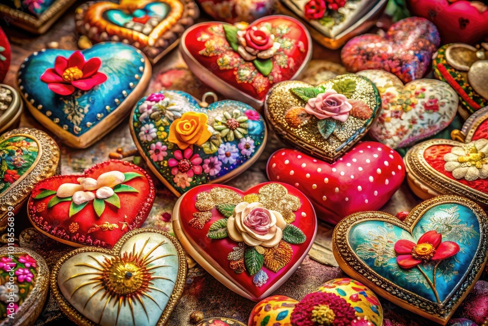 Fototapeta premium Celebrate love nostalgically with vintage Valentine hearts, filled with romantic designs and textures, setting the perfect atmosphere for heartfelt moments and treasured connections.