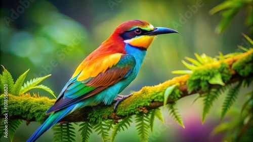 Perched on a branch, a vivid rainbow beak bird showcases its striking colors, set against a backdrop of lush green foliage in its natural environment.