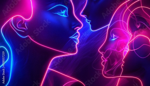 Abstract neon silhouettes of human faces in vivid colors on dark backdrop.