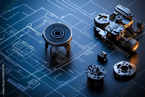 A reverse-engineered blueprint of a complex device, with the original object disassembled beside it, symbolizing the process of recreating technology