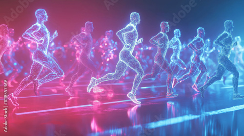 A 3D image showing runners, symbolizing the connection between fitness technology, healthcare, wellness, and innovative ideas. photo