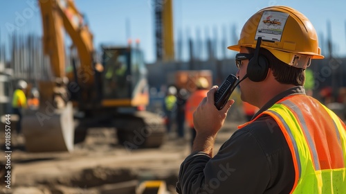 A construction worker communicates through a radio while overseeing activities on site. Various workers from different backgrounds engage in construction tasks, showcasing diversity