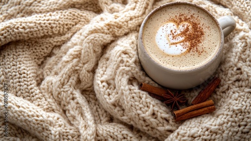 Cozy Autumn Day with Warm Drink and Knitted Blanket