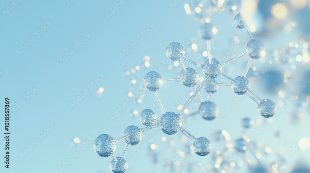 A 3D image shows tiny glass particles, like molecules or atoms, against a light blue sky. It represents ideas related to science, medicine, beauty, and the pharmaceutical industry. A 3D image shows tiny glass particles, like molecules or atoms, against a light blue sky. It represents ideas related to science, medicine, beauty, and the pharmaceutical industry.