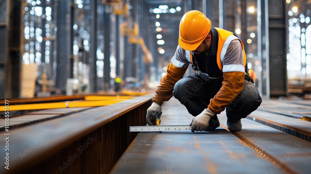 Workers of various nationalities are actively engaged in measuring steel beams in a large construction facility, emphasizing teamwork and skill in the industry Workers of various nationalities are actively engaged in measuring steel beams in a large construction facility, emphasizing teamwork and skill in the industry