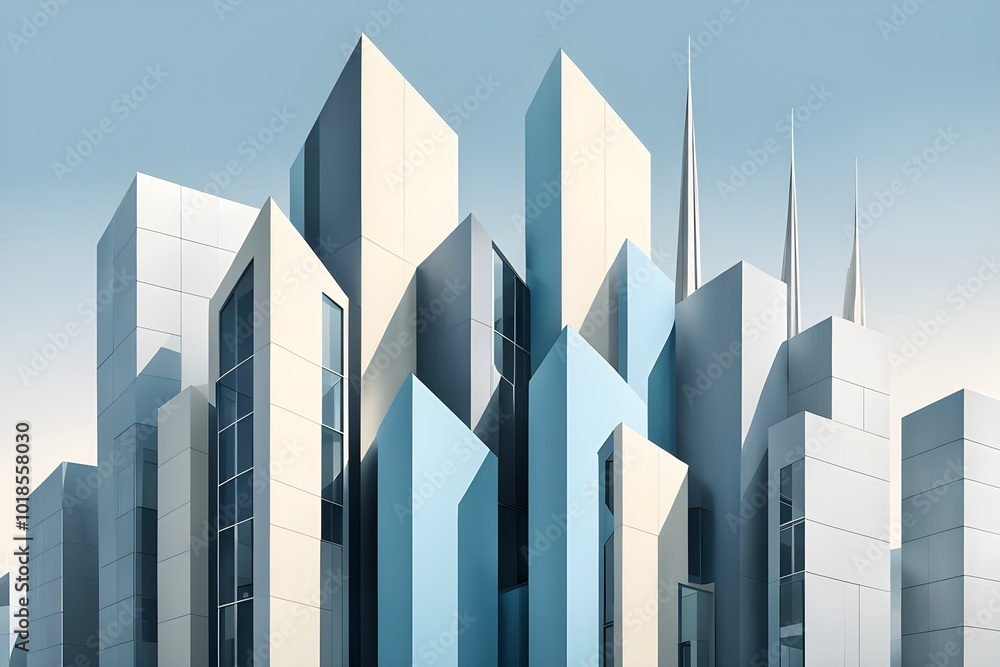 minimalist architectural composition of modern buildings, with clean angles, rendered in geometric forms and soft hues of grey, cream, and light blue minimalist architectural composition of modern buildings, with clean angles, rendered in geometric forms and soft hues of grey, cream, and light blue