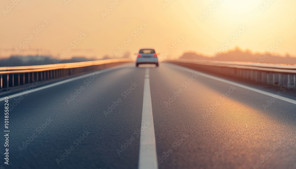 Fototapeta premium Car driving on highway at sunset, scenic landscape