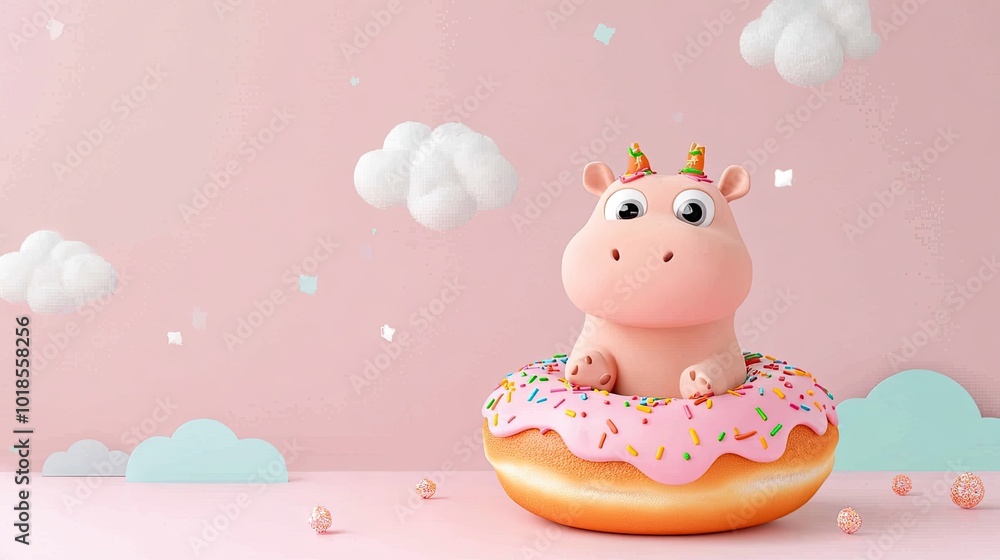 Cute Hippo Character on Donut with Pink Background Cute Hippo Character on Donut with Pink Background