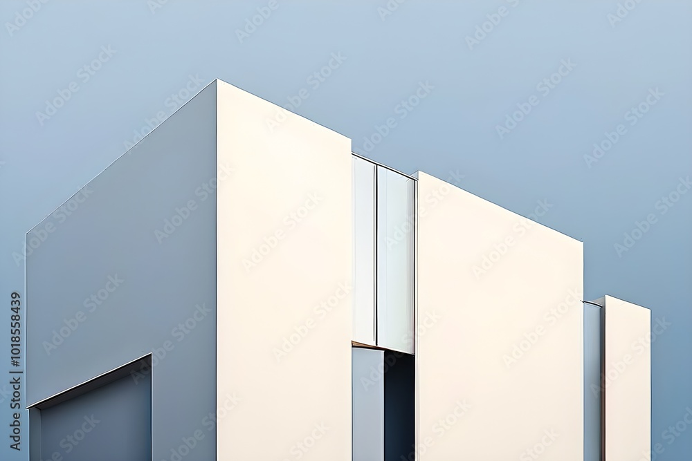 minimalist architectural composition of modern buildings, with clean angles, rendered in geometric forms and soft hues of grey, cream, and light blue minimalist architectural composition of modern buildings, with clean angles, rendered in geometric forms and soft hues of grey, cream, and light blue