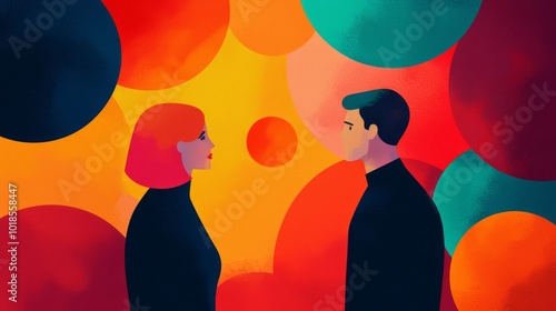Colorful abstract art depicting two individuals facing each other in harmony.