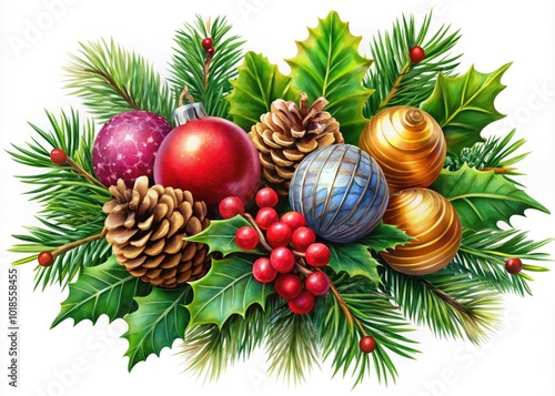 Celebrate the season with festive Christmas swag clip art featuring ornaments, pinecones, and holly, perfect for your holiday designs and craft projects.