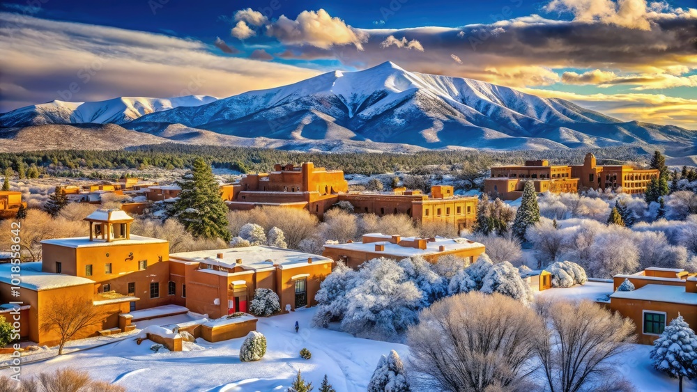 Fototapeta premium Santa Fe, New Mexico, presents a mesmerizing winter landscape with its snow-draped mountains and delightful architecture, combining natural beauty and rich culture.