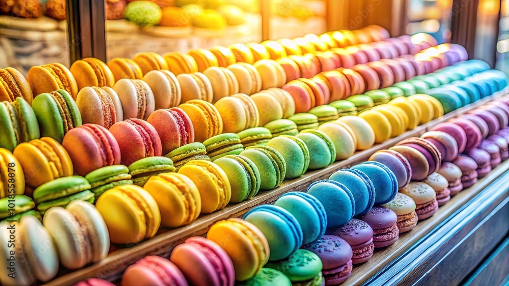 A rainbow of vibrant macarons displayed in rows on wooden shelves, showcasing the delightful artistry of pastry making A rainbow of vibrant macarons displayed in rows on wooden shelves, showcasing the delightful artistry of pastry making