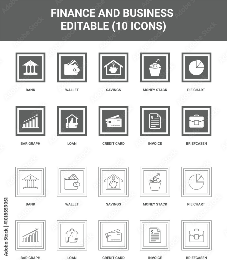 Finance and Business, Wallet, Bank, Credit Card, Money Stack, Pie, Chart, Bar Graph, Briefcase, Invoice, Loan, Savings set icons collection Finance and Business, Wallet, Bank, Credit Card, Money Stack, Pie, Chart, Bar Graph, Briefcase, Invoice, Loan, Savings set icons collection
