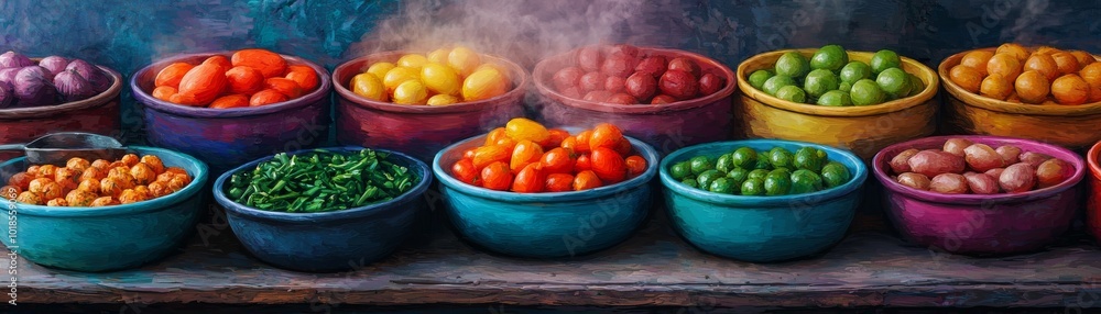 Colorful bowls of fresh produce arranged on a rustic table. Colorful bowls of fresh produce arranged on a rustic table.