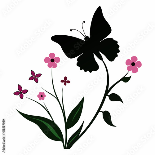 A butterfly fluttering near flowers silhouette vector illustration on white background