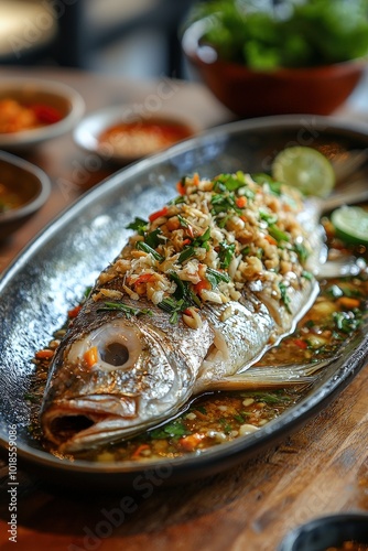 Zesty Pla Kapong Neung Manow Thai Dish with Lime, Garlic, and Chili in Broth - Fresh, Tangy, and Spicy Sea Bass Delicacy photo