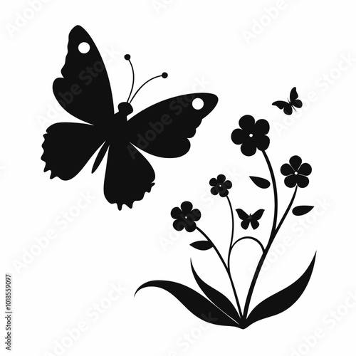 A butterfly fluttering near flowers silhouette vector illustration on white background