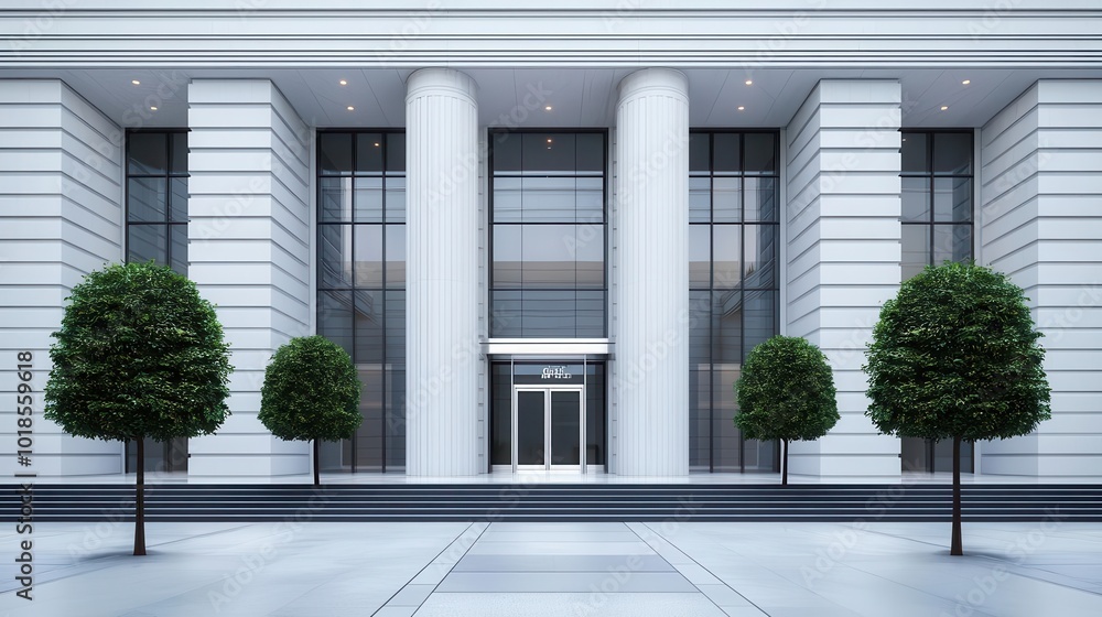 Corporate bank building entrance surrounded by lush greenery, eco-friendly urban design, sustainability concept Corporate bank building entrance surrounded by lush greenery, eco-friendly urban design, sustainability concept