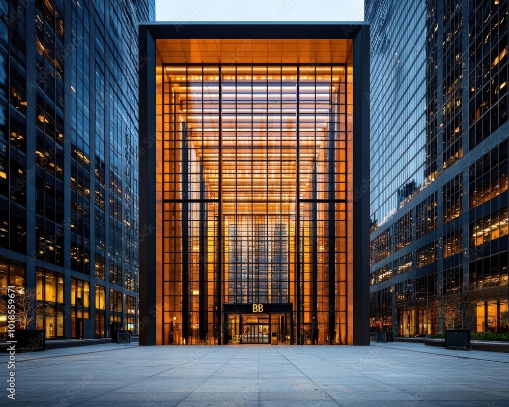 Corporate bank entrance framed by towering steel pillars and modern lighting, night scene in a bustling financial district Corporate bank entrance framed by towering steel pillars and modern lighting, night scene in a bustling financial district