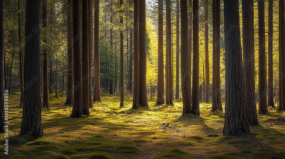 Obraz premium Sun Dappled Forest: A Tranquil Woodland Scene