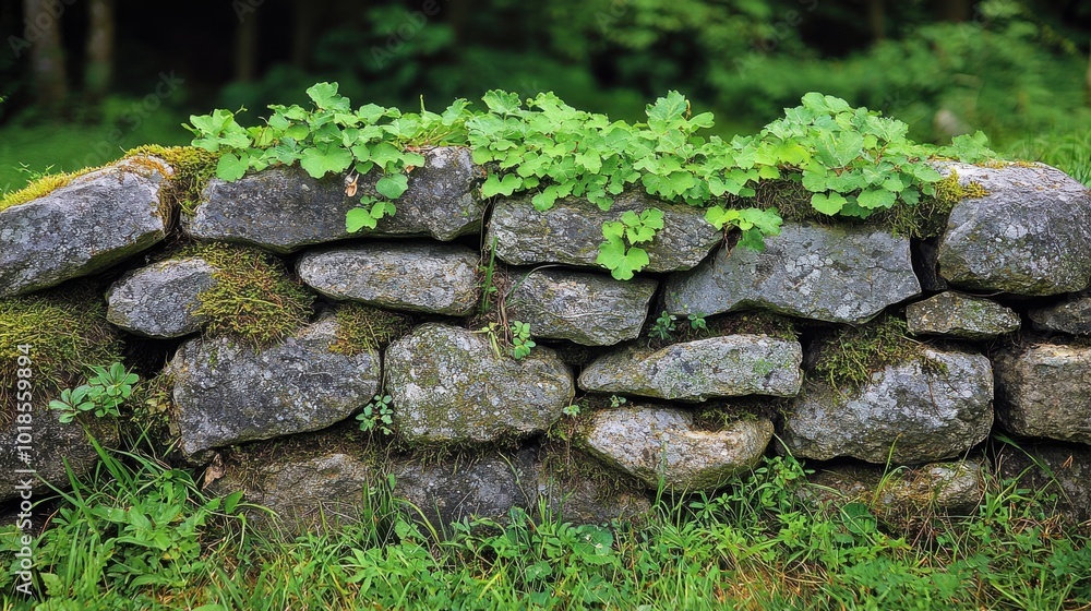 A weathered stone wall adorned with lush green plants in a tranquil outdoor setting during daylight A weathered stone wall adorned with lush green plants in a tranquil outdoor setting during daylight