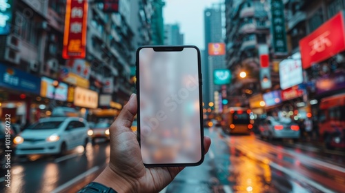 Hand Holding Smartphone in Urban Environment