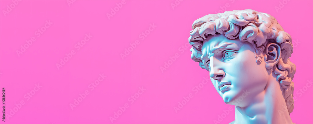 Historical antique ancient statue of David's head against vibrant pink background, creative zine culture theme with copy space. Historical antique ancient statue of David's head against vibrant pink background, creative zine culture theme with copy space.