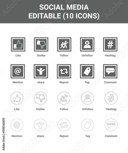 Social Media, Like, Dislike, Comment, Follow, Unfollow, Share, Tag, Repost, Mention, Hashtag set icon collection