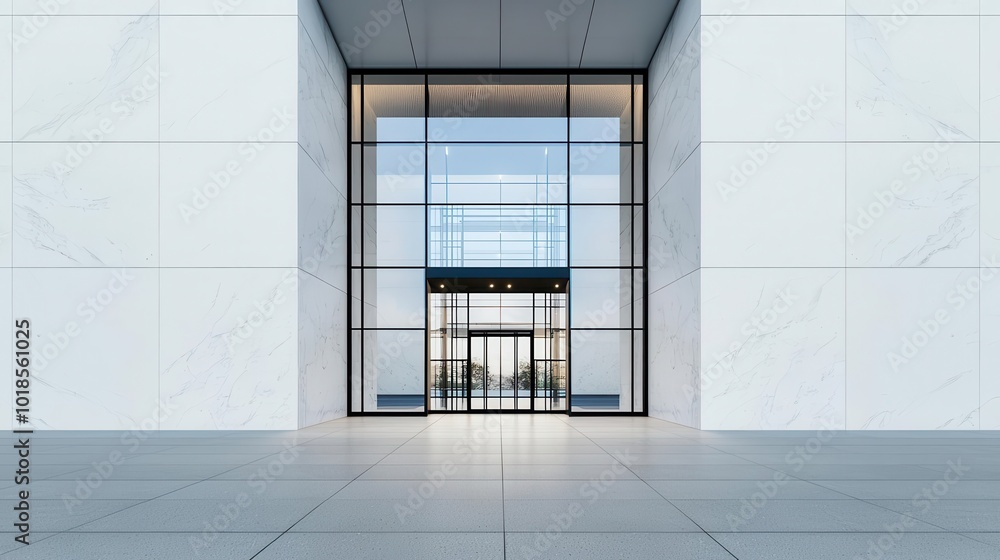 Corporate bank entrance with tall glass doors and a marble facade, financial district and business concept Corporate bank entrance with tall glass doors and a marble facade, financial district and business concept