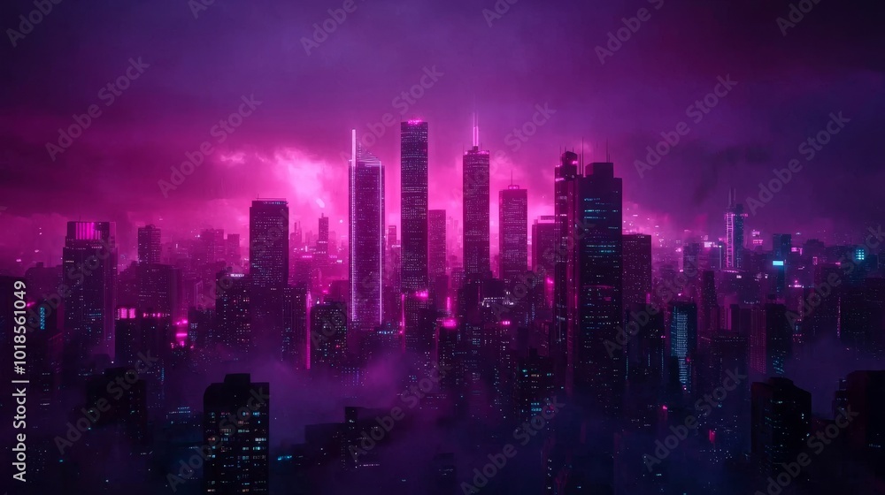 Futuristic city skyline with vibrant pink and purple neon lights. Futuristic city skyline with vibrant pink and purple neon lights.
