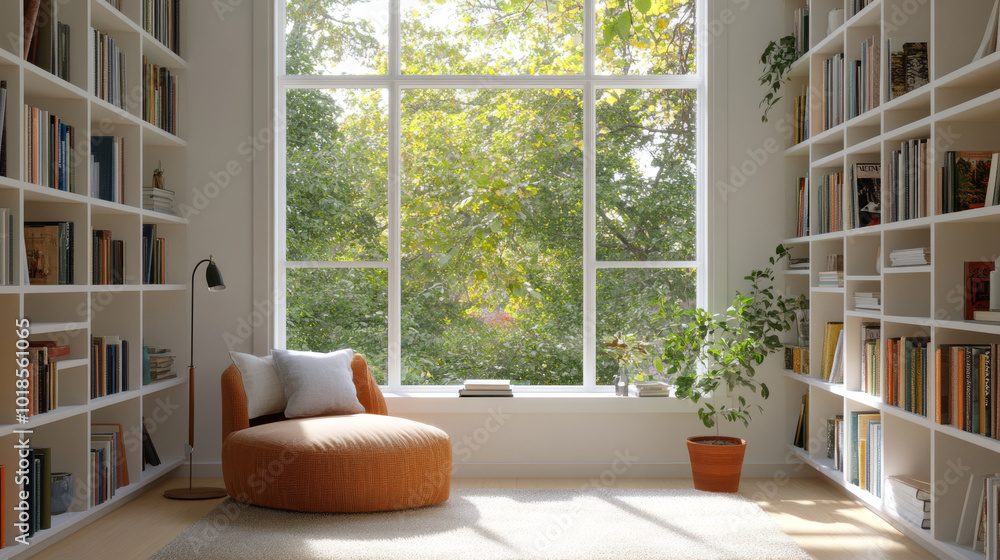 A cozy reading nook features comfortable orange chair, surrounded by bookshelves filled with books. Large windows allow natural light to flood space, offering view of lush greenery outside A cozy reading nook features comfortable orange chair, surrounded by bookshelves filled with books. Large windows allow natural light to flood space, offering view of lush greenery outside