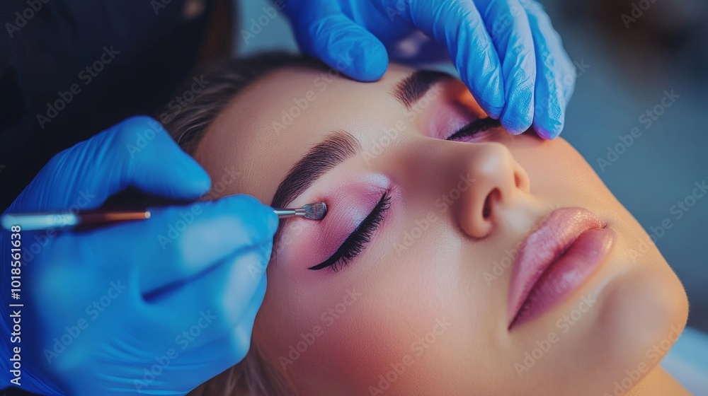 Naklejka premium Before and after henna eyebrow dyeing, a close-up collage. -
