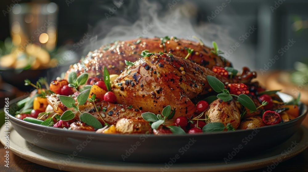Close-up shot of a Thanksgiving turkey with grilled vegetables and herbs, steam rising from the crispy skin, warm lighting capturing the rich textures and vibrant garnish Close-up shot of a Thanksgiving turkey with grilled vegetables and herbs, steam rising from the crispy skin, warm lighting capturing the rich textures and vibrant garnish