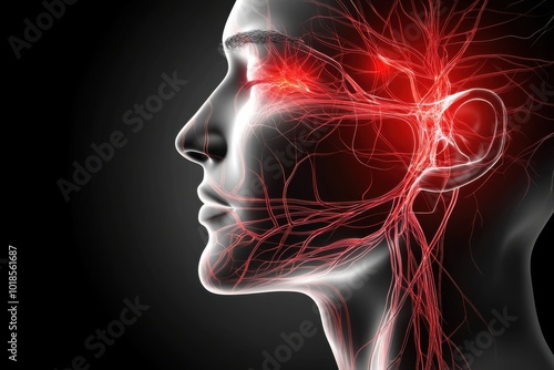 An illustration of the trigeminal nerve's three branches extending across the face, with vivid red highlights around key pain areas, visually representing trigeminal neuralgia